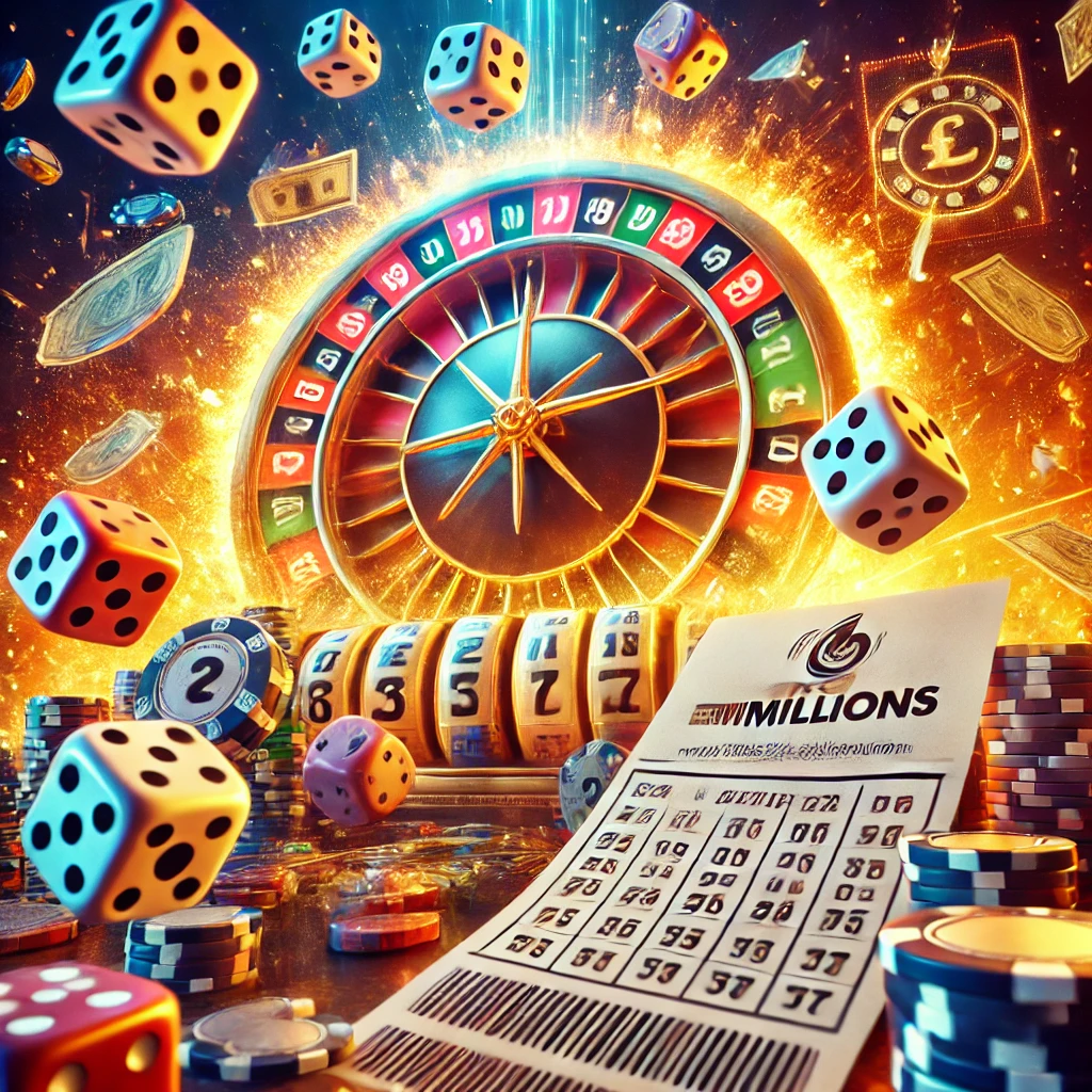 Dall·e 2024 09 08 20.40.43 A Vibrant And Dramatic Scene Symbolizing The Excitement And Unpredictability Of Gambling In Euromillions. In The Foreground, We See A Lottery Ticket W