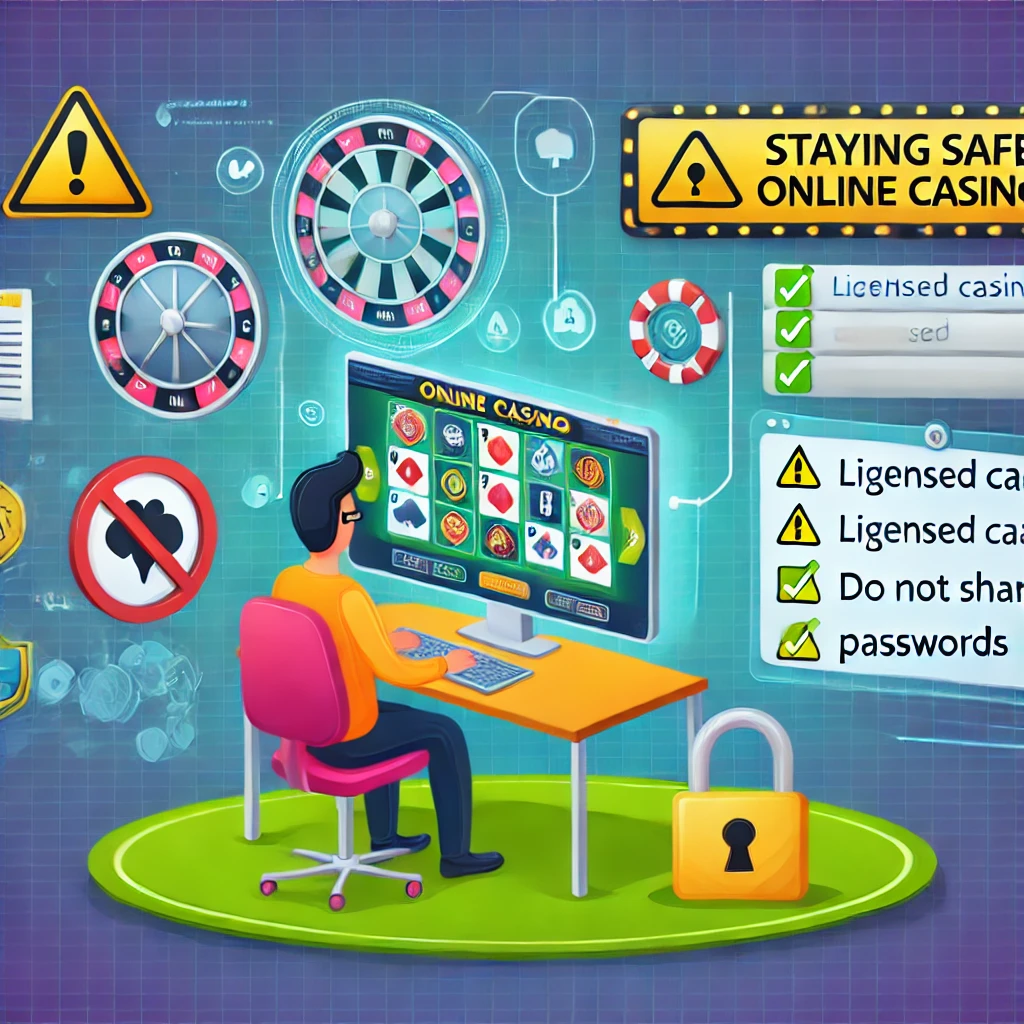 Illustration Themed Around Staying Safe In Online Casinos. The Scene Shows A Person Sitting At A Computer With An Online Casino Interface, But With